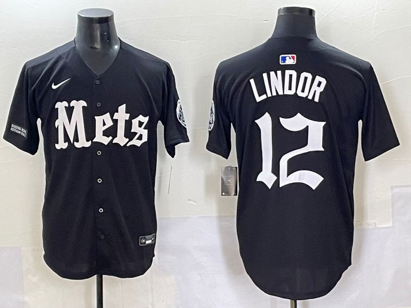 Men 2025 New York Mets 12 Lindor Black Five generations Joint Name Nike MLB Jersey style 13
